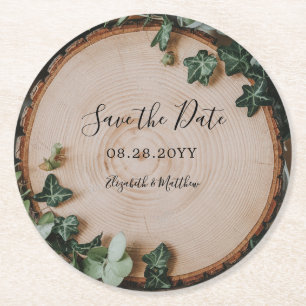 Rustic Greenery & Wood Slice Save the Date Round Paper Coaster