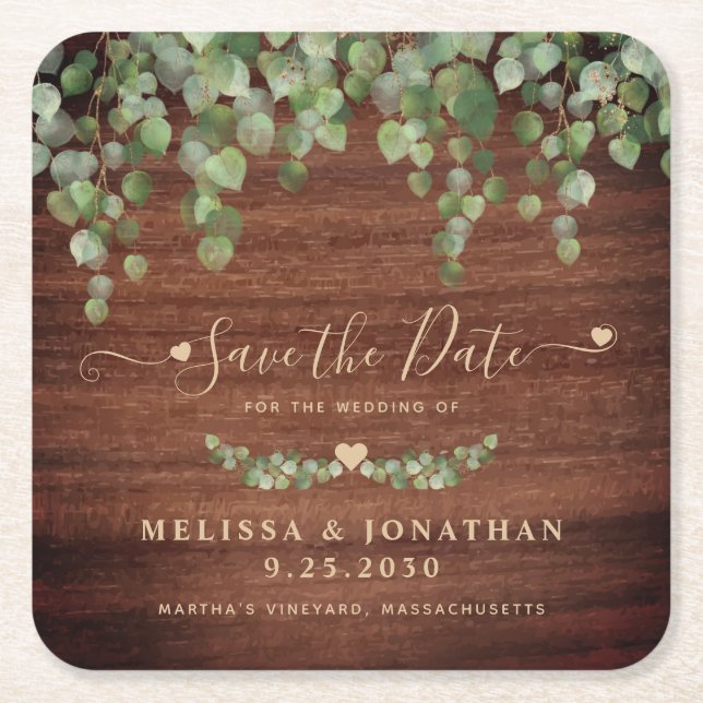  Rustic Greenery Wood Wedding Save The Date Square Paper Coaster (Front)