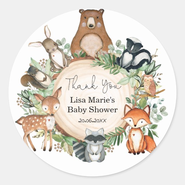Rustic Greenery Woodland Animals Baby Birthday Classic Round Sticker (Front)
