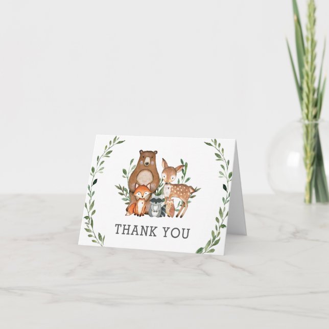Rustic Greenery Woodland Animals Baby Shower Thank You Card (Front)