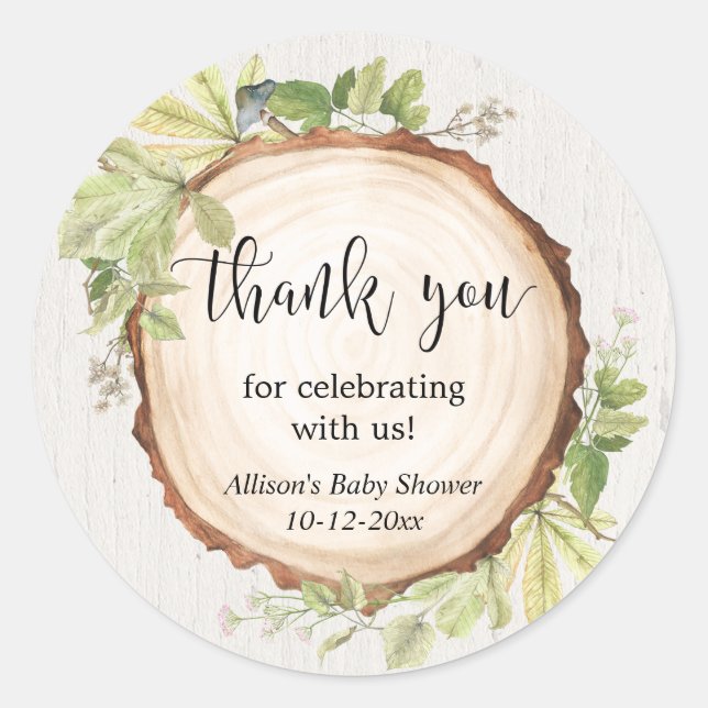 Rustic greenery woodland baby shower classic round sticker (Front)