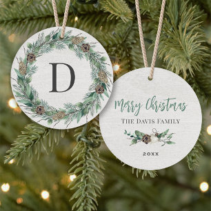 Rustic Greenery Wreath Christmas Monogram Letter Ornament
