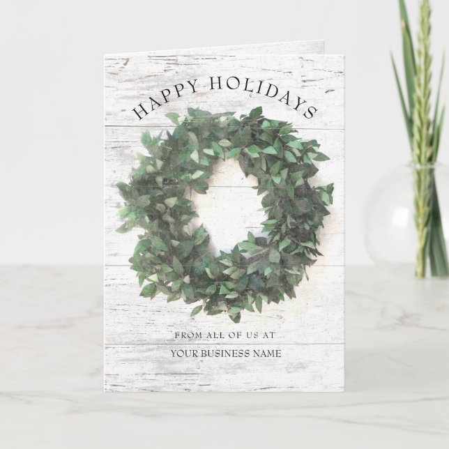 Rustic Greenery Wreath Corporate Business Holiday Card (Front)