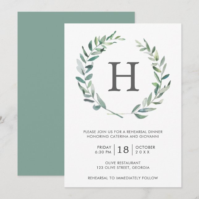 Rustic Greenery Wreath Monogram Rehearsal Dinner Invitation (Front/Back)