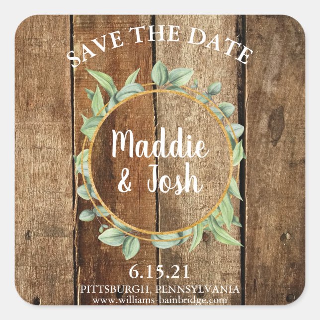 Rustic Greenery Wreath on Barn Wood Save the Date Square Sticker (Front)