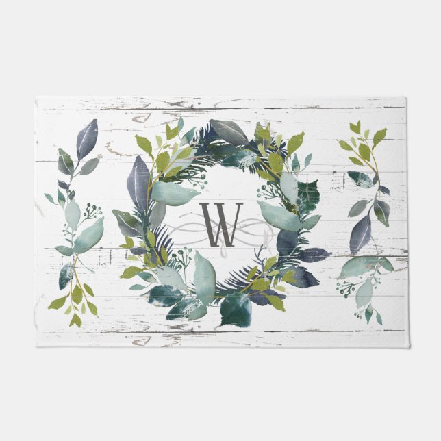 Rustic Greenery Wreath Watercolor Monogram Initial Doormat (Front)