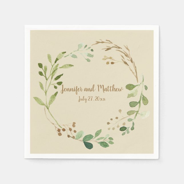 Rustic Greenery Wreath Wheat Stalks Berries | Napkin (Front)