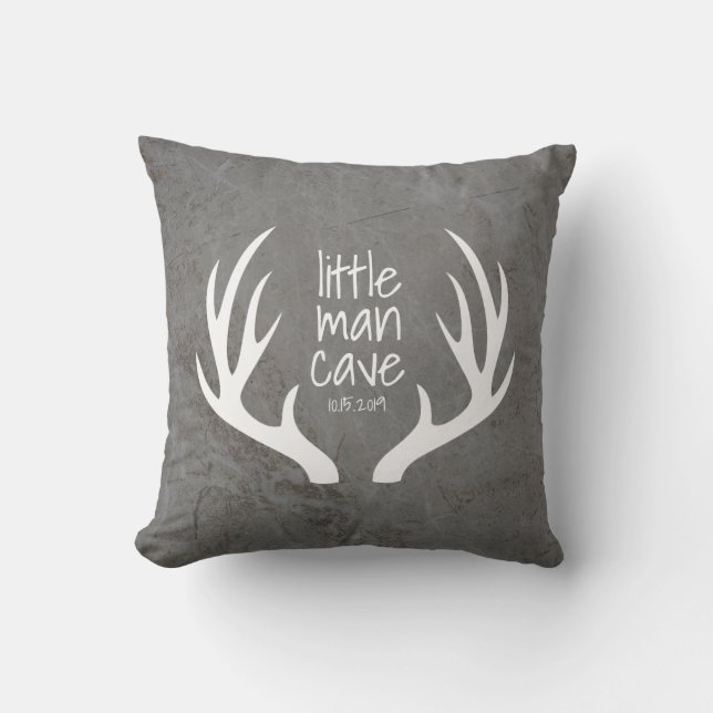 Rustic Grey and Antlers Little Man Cave Nursery Throw Pillow (Front)