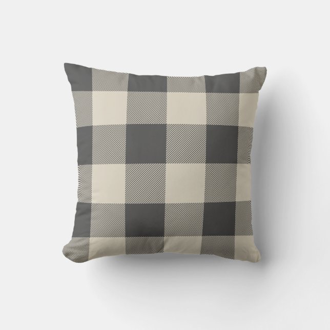 Rustic Grey and Beige Buffalo Check Plaid Outdoor Pillow (Front)