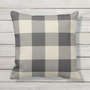 Rustic Grey and Beige Buffalo Check Plaid Outdoor Pillow