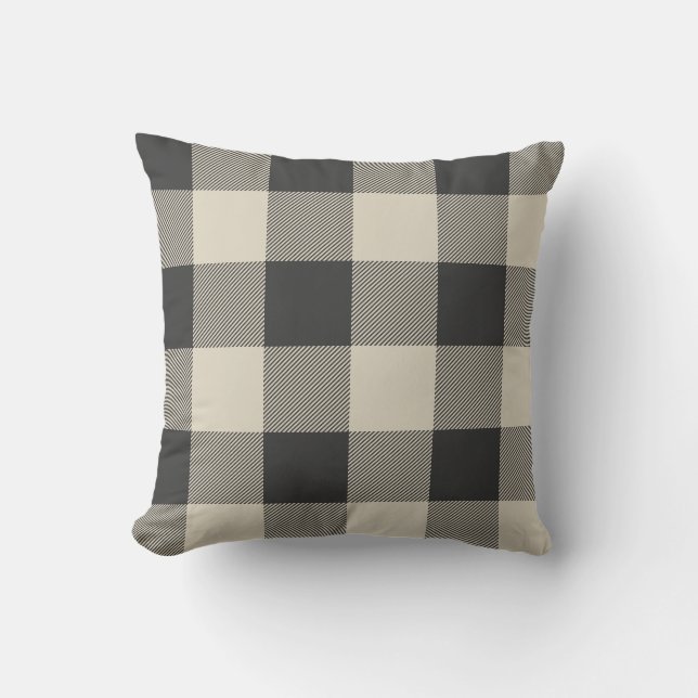 Rustic Grey and Beige Buffalo Check Plaid Throw Pillow (Front)