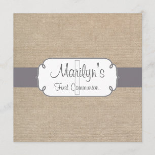 Rustic Grey and Beige Burlap First Communion Invitation