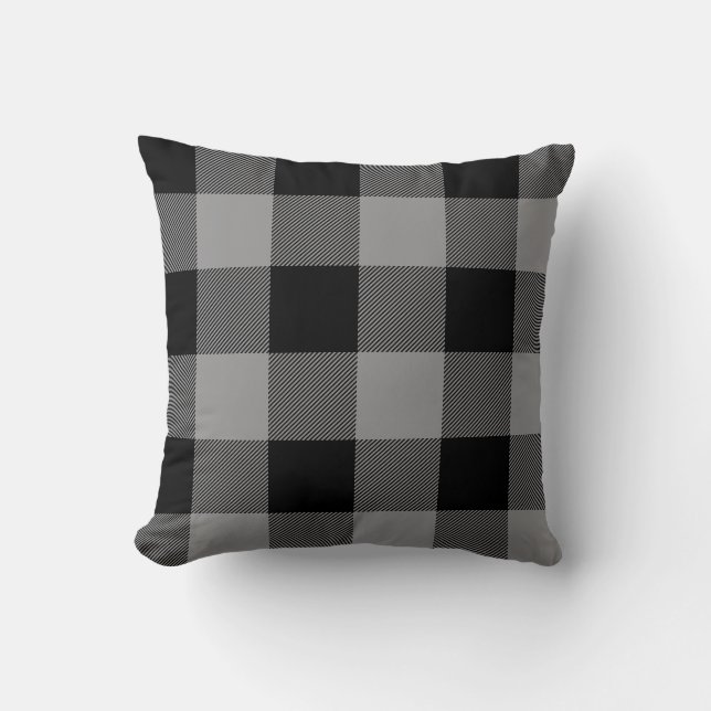 Rustic Grey and Black Buffalo Check Plaid Throw Pillow (Front)