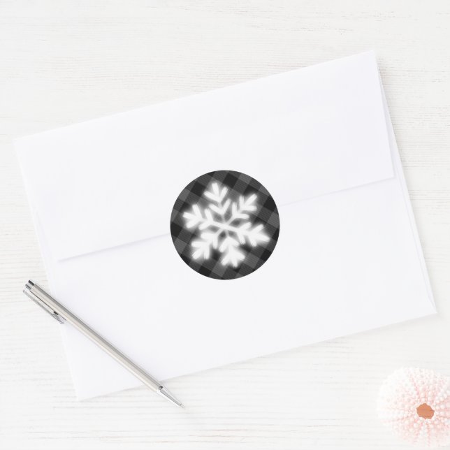 Rustic grey and black plaid, winter snow flake   classic round sticker (Envelope)