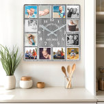 Rustic Grey Barn Wood Farmhouse 12 Photo Collage Square Wall Clock<br><div class="desc">Rustic Grey Barn Wood Farmhouse 12 Photo Collage Square Wall Clock. Large beautiful rustic white barn vintage wood personalized family name year established wall decor clock. The perfect country wooden plank look for any home or kitchen.</div>