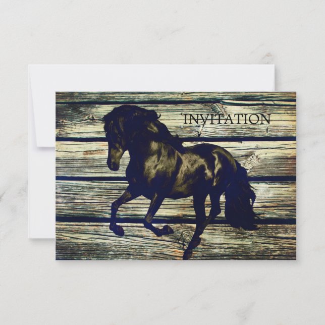 rustic grey barn wood western horse themed wedding invitation (Front)