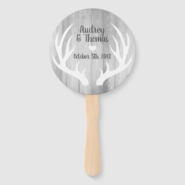 Rustic Grey Barn Wood & White Deer Antlers Wedding Hand Fan (Front)