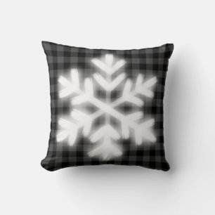 Rustic grey black buffalo plaid -snow flake throw pillow