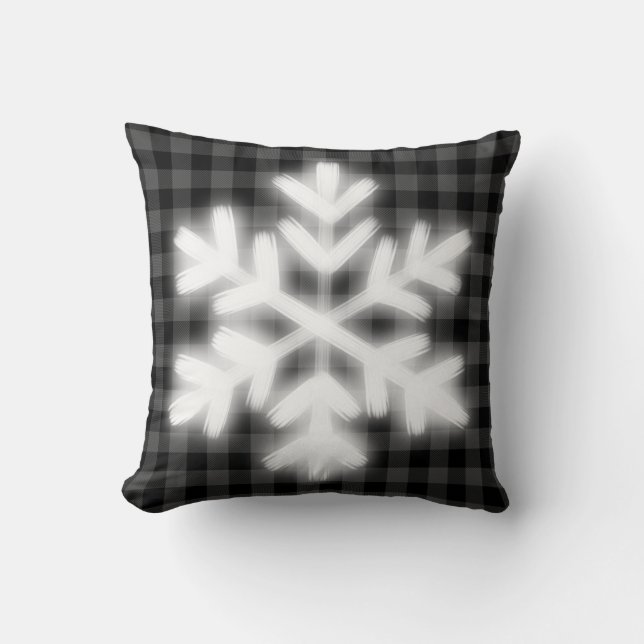 Rustic grey black buffalo plaid -snow flake throw pillow (Front)