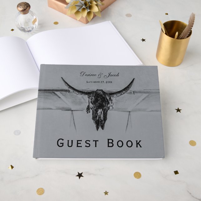 Rustic Grey Black Western Cow Skull Wedding Guest Book (Front Open)