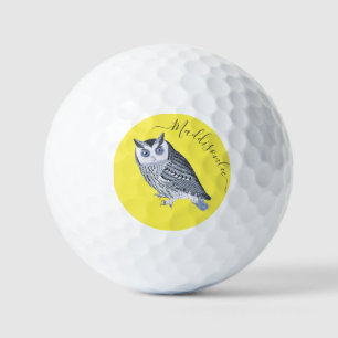 Rustic Grey Blue Owl Yellow Monogram Name Golf Balls