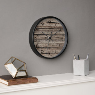 Rustic Grey Brown Old Weathered Wood Plank Pattern Clock