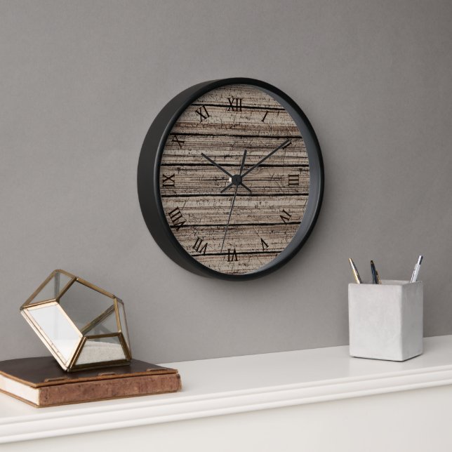 Rustic Grey Brown Old Weathered Wood Plank Pattern Clock (Office)