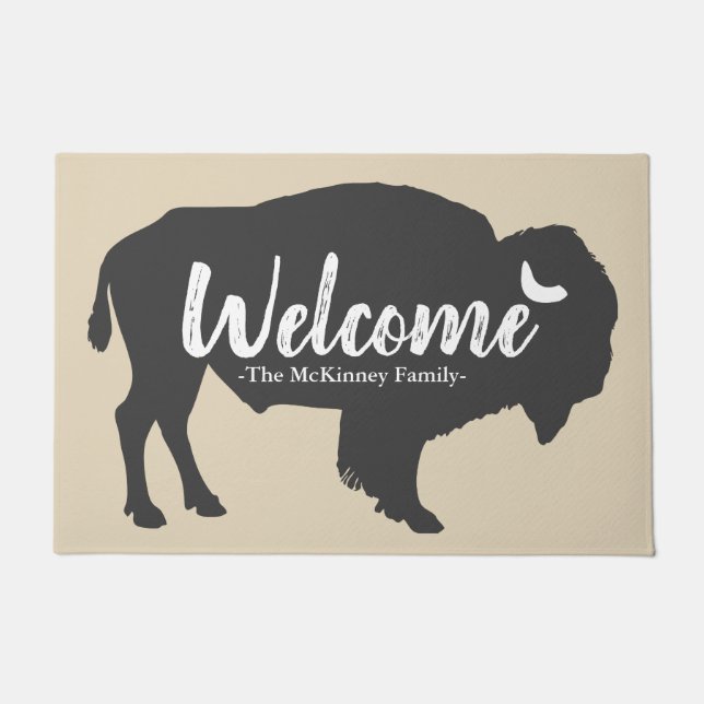 Rustic Grey Buffalo Bison & Family Name Welcome Doormat (Front)