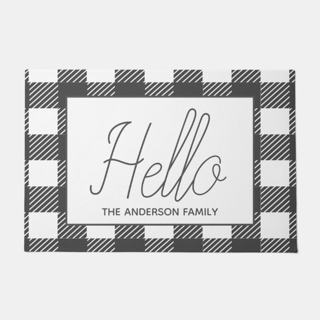 Rustic Grey Buffalo Check Plaid Hello Doormat (Front)
