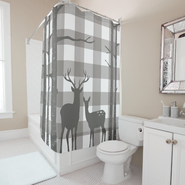 Rustic Grey Buffalo Plaid Checkers Deer & Birch (In Situ)