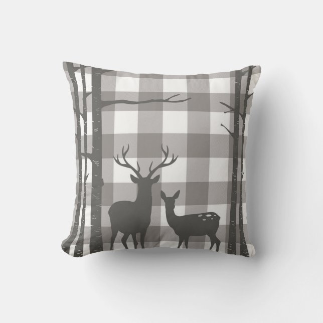 Rustic Grey Buffalo Plaid Checkers Deer & Birch Throw Pillow (Front)