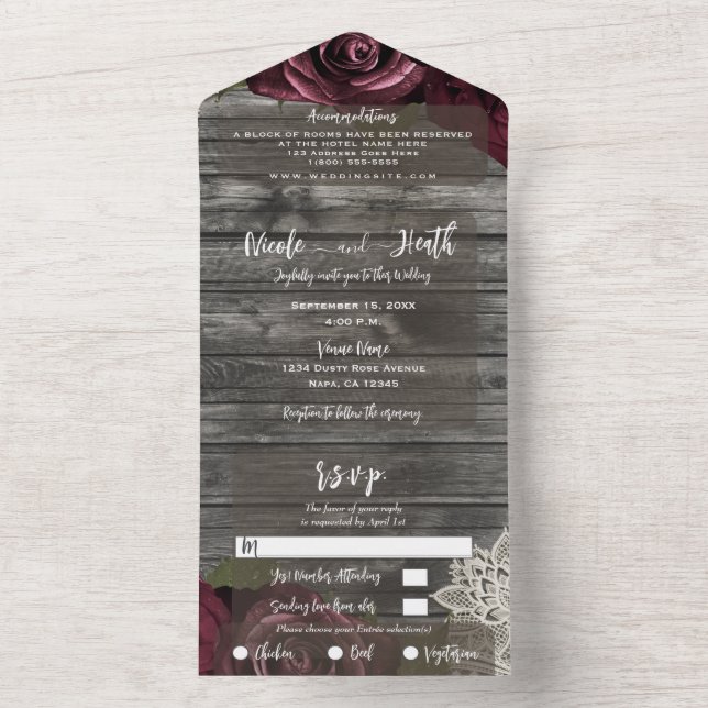 Rustic Grey Burgundy Roses White Lace Wedding All  All In One Invitation (Inside)