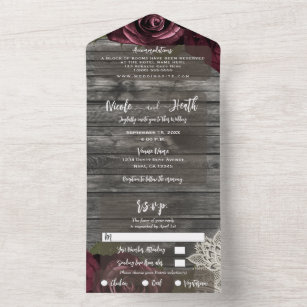 Rustic Grey Burgundy Roses White Lace Wedding All  All In One Invitation