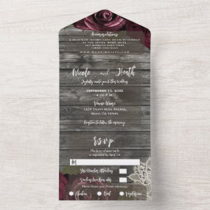 Rustic Grey Burgundy Roses White Lace Wedding All  In One Invitation