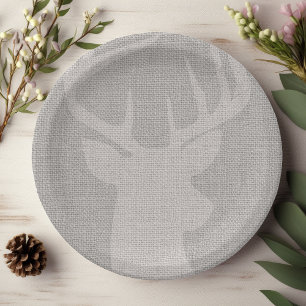 Rustic Grey Burlap Deer Buck Paper Plate