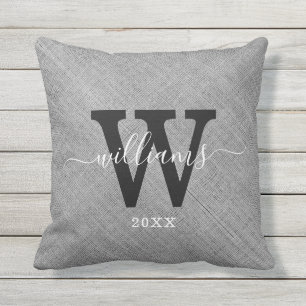 Rustic Grey Burlap Script Name Family Monogram   Outdoor Pillow