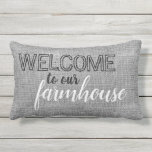 Rustic Grey Burlap Welcome To Our Farmhouse Lumbar Pillow<br><div class="desc">Modern farmhouse pillow with a faux burlap background in grey . Use this welcome home pillow to add a rustic touch to your living room decor and to greet guests .</div>