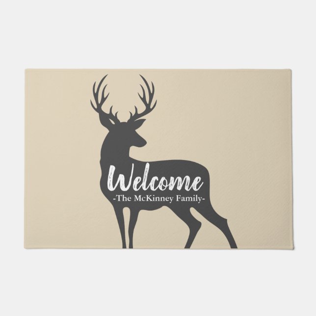 Rustic Grey Deer Silhouette & Family Name Welcome Doormat (Front)