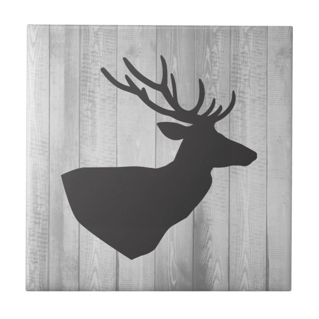 Rustic Grey Deer Silhouette & Grey Barn Wood Tile (Front)