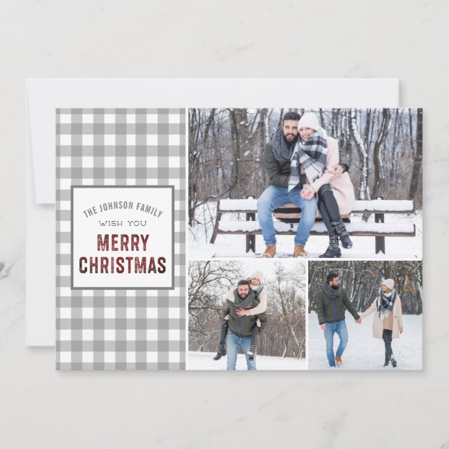 Rustic Grey Gingham Merry Christmas Holiday Card (Front)