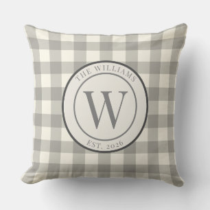 Rustic Grey Gingham Monogram Family Crest Throw Pillow