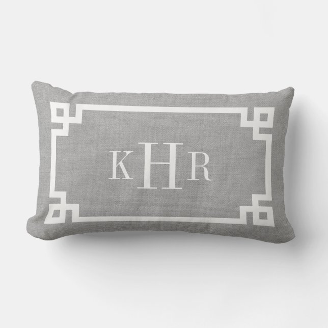 Rustic Grey Greek Key Border Custom Monogram Outdoor Pillow (Front)