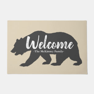 Rustic Grey Grizzly Bear & Family Name Welcome Doormat