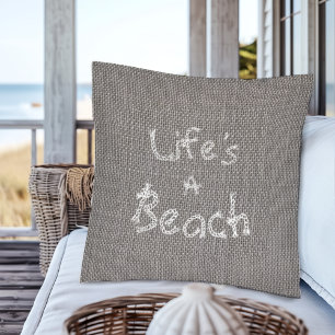 Rustic Grey Life’s a Beach Nautical Rope  Throw Pillow
