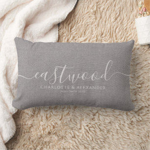 Rustic Grey Linen Effect White Script Name Lumbar Pillow