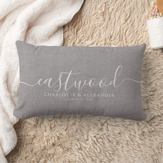 Rustic Grey Linen Effect White Script Name Lumbar Pillow (Blanket)