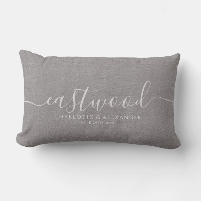 Rustic Grey Linen Effect White Script Name Lumbar Pillow (Front)