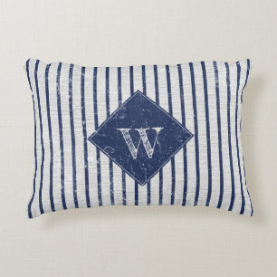 Rustic Grey Linen & Navy Blue Stripes Monogram Accent Pillow