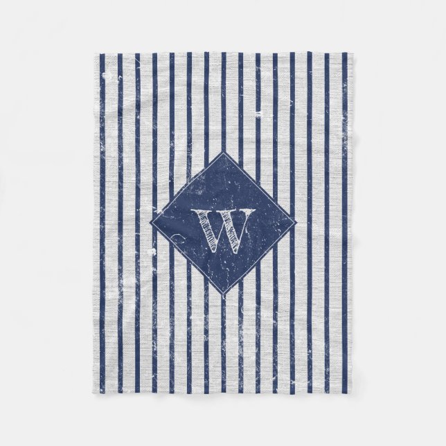 Rustic Grey Linen & Navy Blue Stripes Monogram  Fleece Blanket (Front)