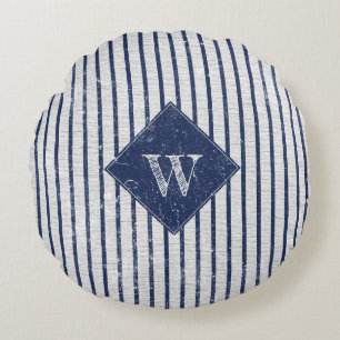 Rustic Grey Linen & Navy Blue Stripes Monogram Round Pillow